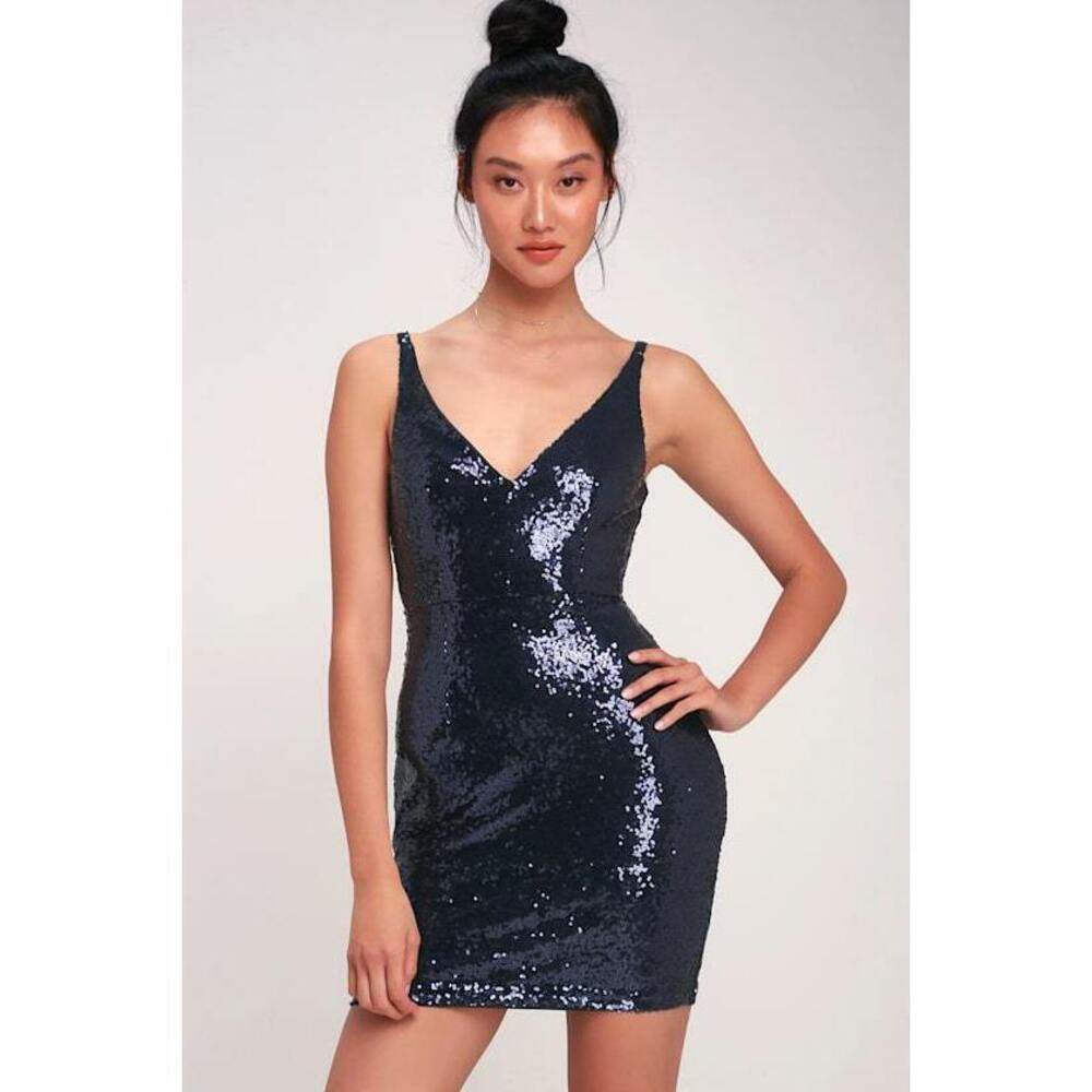 Lulus Champagne Showers Navy Blue Sequin Bodycon Dress - Size M